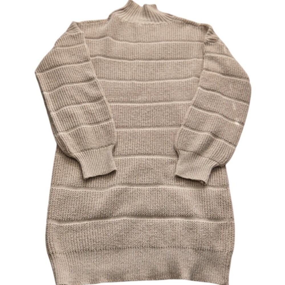 Ribbed Knit High Neck Sweater Dress Drop Shoulder Mini Cozy Minimalist Chic M - Picture 7 of 10